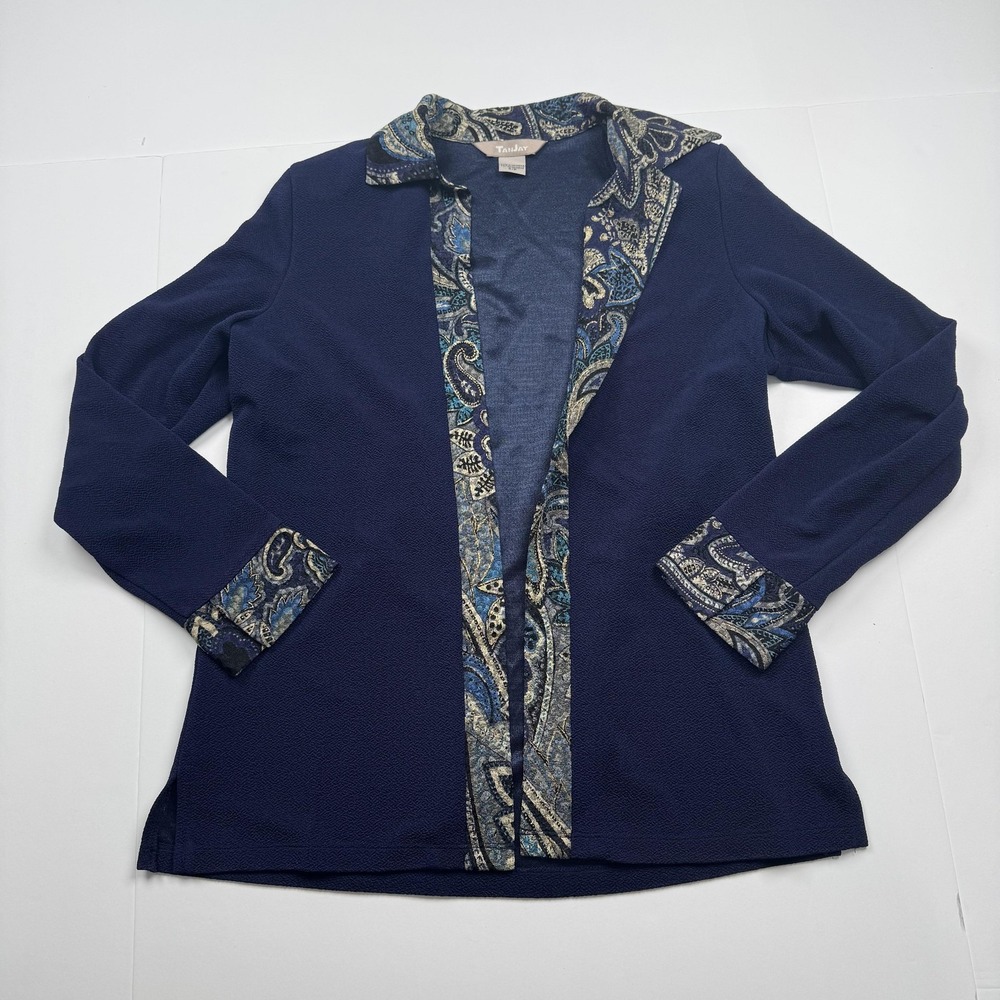 TanJay Cardigan Womens Small Navy Blue Paisley Trim Open Front Blazer Jacket Top